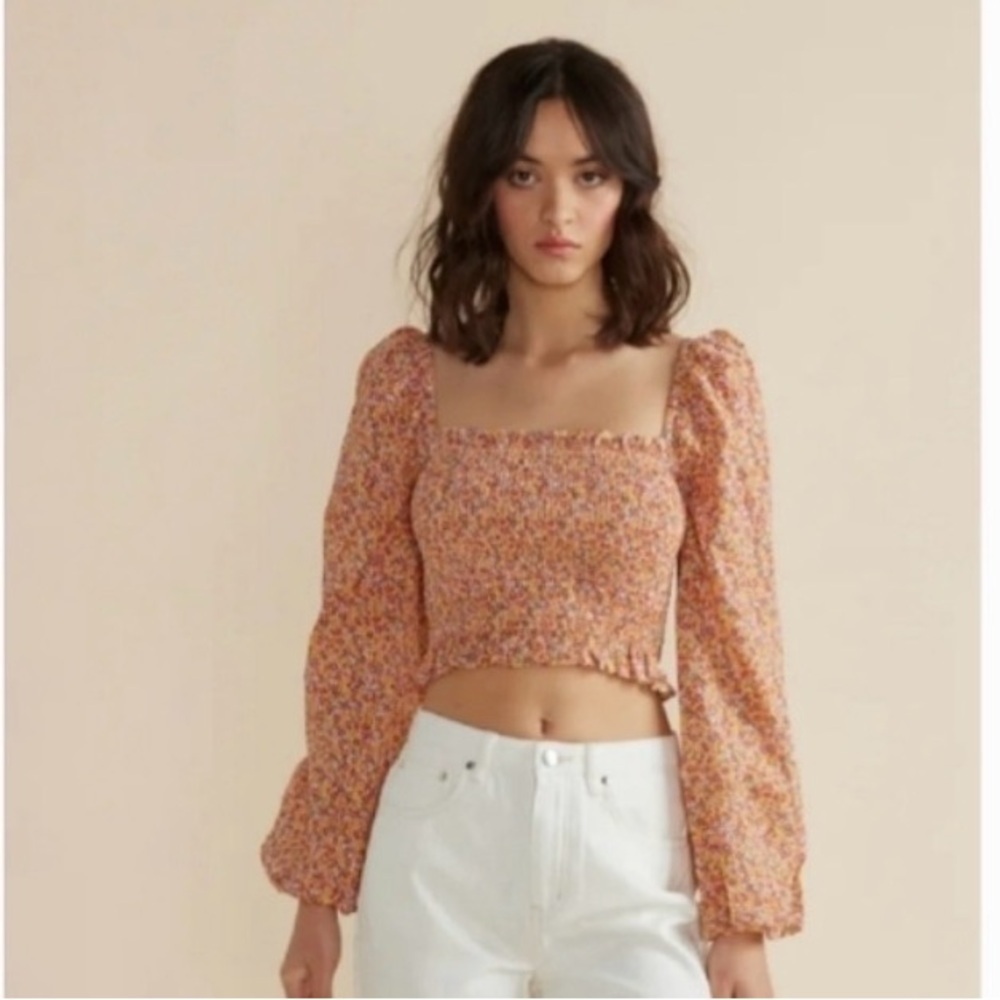 MINKPINK Morewell Floral Puff Sleeve Smocked Top Medium